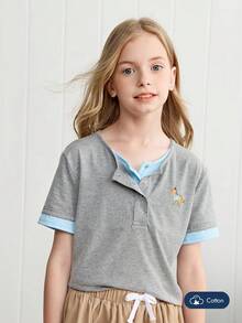 Joliand Joliand 1 件年轻女孩优雅都市休闲百搭狗狗装饰拼布灰色和浅蓝色圆领短袖 T 恤，适合返校、旅行、日常、夏季和秋季 - 彩色 - 查看 2