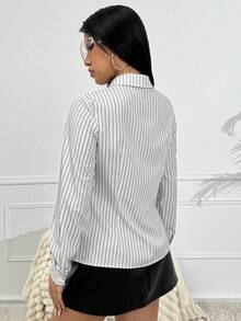 Almamuse Petite 女式长袖条纹领扣衬衫、女式衬衫、长袖上衣 - 彩色 - 查看 2