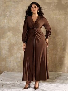 Roveilla 大码女式V领长袖连衣裙，休闲法式风格，适合派对穿着 - 棕色 - 查看 8