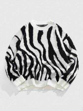 Street Life Jersey de cuello redondo con estampado de rayas de cebra para hombre, moda callejera, otoño e invierno