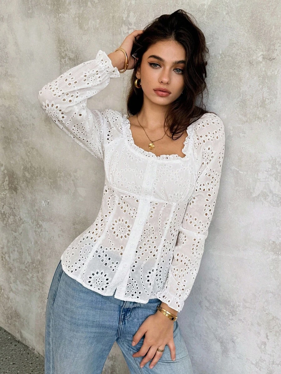 SHEIN Unity 女士休闲长袖纯色方领腰部收腰纽扣设计衬衫 - 白色 - 查看 1