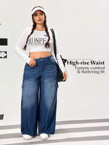 Flexra 大码女式高街运动针织牛仔工装口袋阔腿直筒裤 - 深色水洗藍 - 查看 3