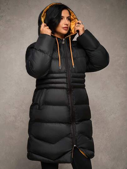 EURMUSE Women Solid Color Zipper And Pocket Detailed Contrast Lining Long Winter Coats