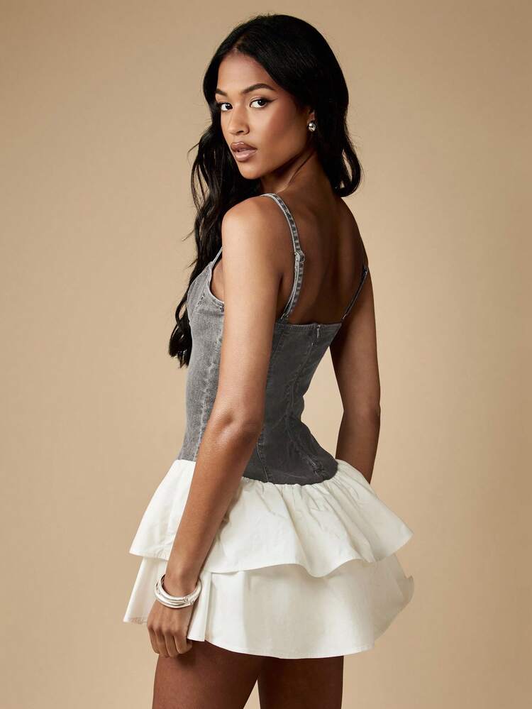 MISSGUIDED Denim Corset Mini Dress With Double Layer White Ruffle Skirt Party Wedding Guest Spring Summer Fashion Bustier Design