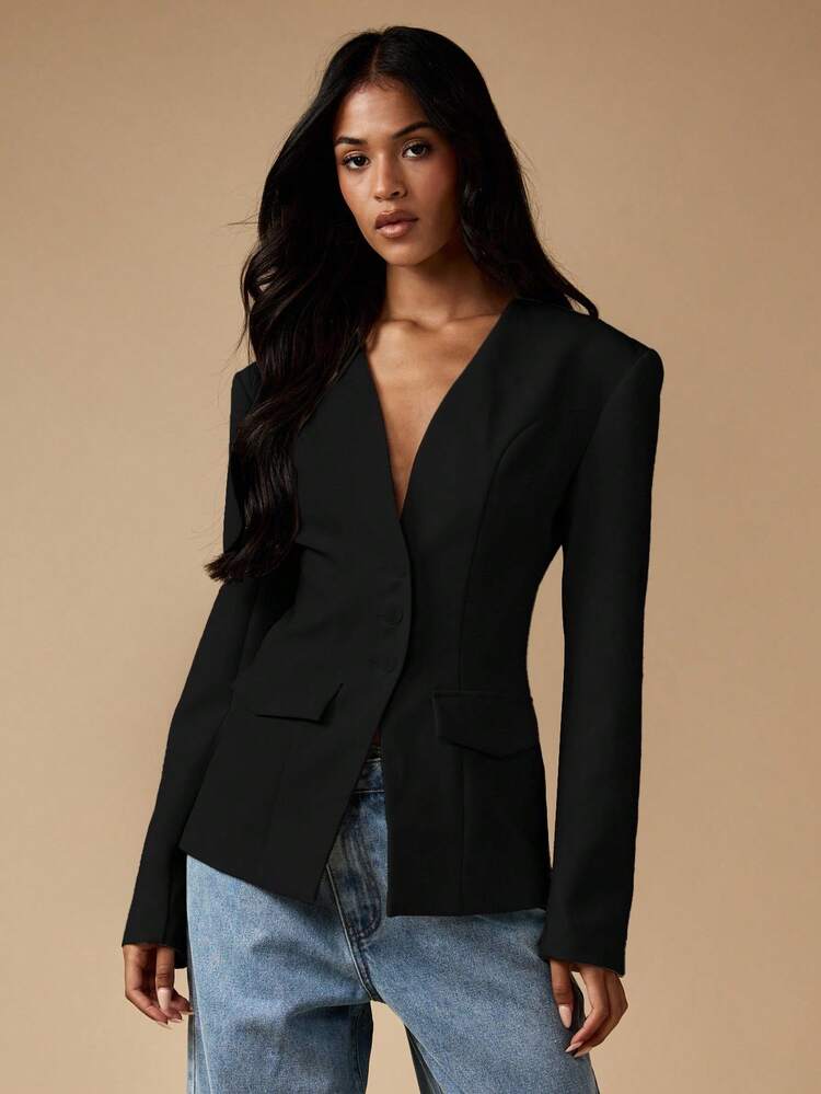 MISSGUIDED Boxy Fit Professional Slim Fit Blazer With Structured Shoulders Deep V Neck Single Button Front Long Sleeve Office Business Formal Wear Fall Winter Collection