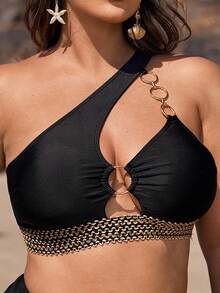 Swim Vcay 大码镂空金属环装饰比基尼上衣夏季 - 黑色 - 查看 4