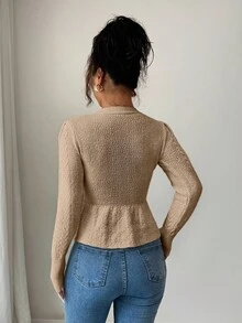 Elenzga 女士优雅荷叶边 V 领修身针织开衫，适合秋冬季度假穿着 - 卡其色 - 查看 2