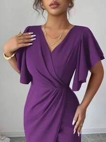 Elenzga Carnival Purple Ruffle Sleeve V-Neck Waist Fitted Mermaid Hem Elegant Romantic Women Dress, Teachers' Day - Purple - View 7