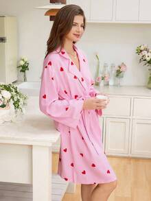 SHEIN Snug Reverie 女士睡袍，粉色条纹，撞色红心印花，衣领，腰部系带和蝴蝶结装饰，秋季 - 彩色 - 查看 5