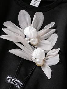 秋季少女休闲贴花圆领宽松运动衫 - 黑色 - 查看 3