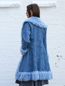 COUREZ 仿皮草长款大衣 /Y2K 秋季女装 冬季女装 女士冬季夹克 女士冬季外套 - 藍色 - 查看 3