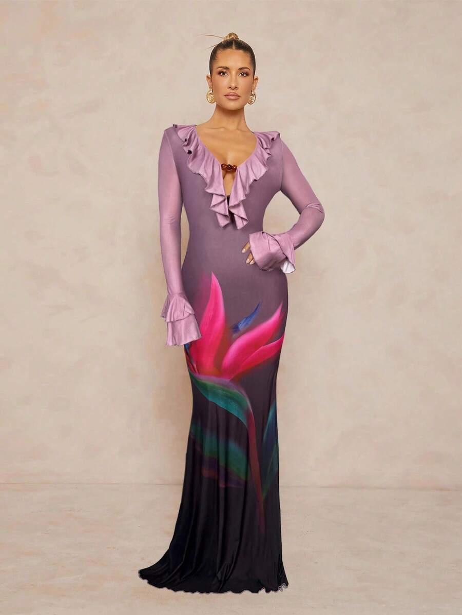 Lumalex 女式渐变色花卉印花露背荷叶边下摆喇叭袖紧身连衣裙 - 藕粉色 - 查看 1