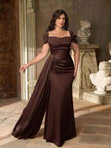 Aureia Plus Size Elegant Minimalist Green Cold Shoulder Ruched Waist Luxury Satin Mermaid Hem Bridesmaid Dress - Coffee Brown - View 6