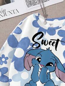 SHEIN 可爱卡通蓝色兔子图案，蓝色渐变花卉，校园街头风，少女休闲宽松保暖圆领卫衣，适合秋冬季穿着 - 彩色 - 查看 6