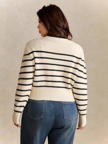 Elaquor Plus Size Women Casual Loose Contrast Striped Long Sleeve Cardigan In Fall/Winter - Black - View 2