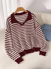 CosyJoli Plus Size Casual Polo Collar Striped Long Sleeve Pullover Sweater Collared Sweater Striped Pullover Sweater Fall Striped Sweater Striped Sweater Women Striped Sweater/ Winter - Burgundy - View 5