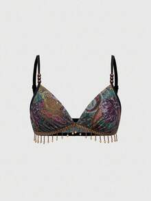 ROMWE Bộ bikini 2 mảnh họa tiết Paisley in hình lễ hội âm nhạc phương Tây phong cách Hippie cổ điển dành cho nữ, viền tua rua đính cườm và khăn sarong buộc dây - Nhiều màu - Xem 5