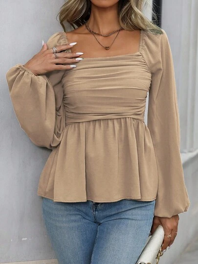 EMERY ROSE Women's Autumn Simple Solid Color Pleated Square Collar Lantern Sleeve Blouse