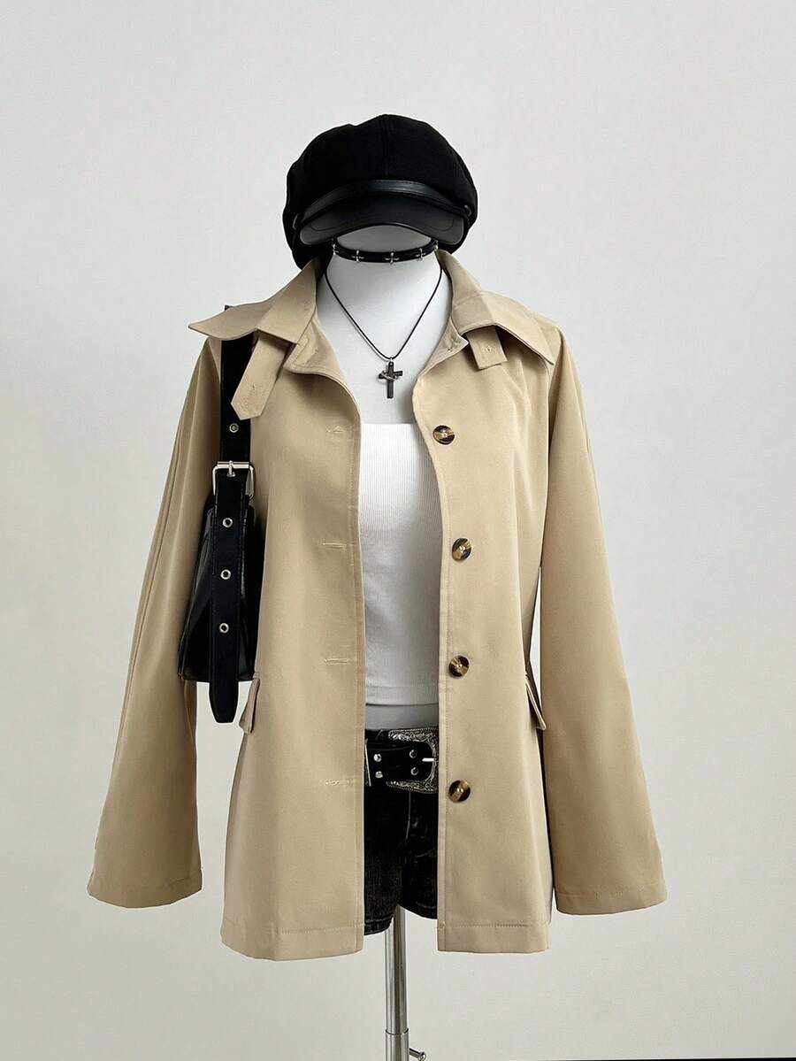 Elamini Women's Casual Chic Utility Jacket With Turndown Collar Fall Winter Cloth For Women - Khaki - View 1