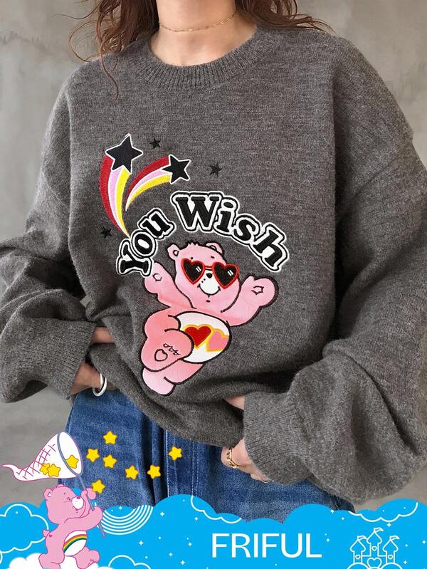 SHEIN X Care Bears FRIFUL Women's Casual Everyday Commute Round Neck Cartoon Bear Letter Star Embroidery Drop Shoulder Loose Pullover Sweater