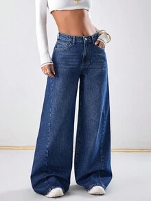 EURMUSE Mid Waist Dark Washed Wide Leg Jeans - Dark Wash - View 4