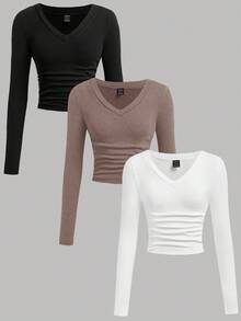 SHEIN EZwear 女式百搭彩色 V 领褶饰腰部保暖内衬长袖修身 T 恤，休闲百搭，冬季 - 彩色 - 查看 9