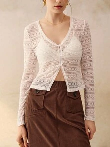 Cévolie 女式夏季度假透明前扣长袖衬衫 - 白色 - 查看 3