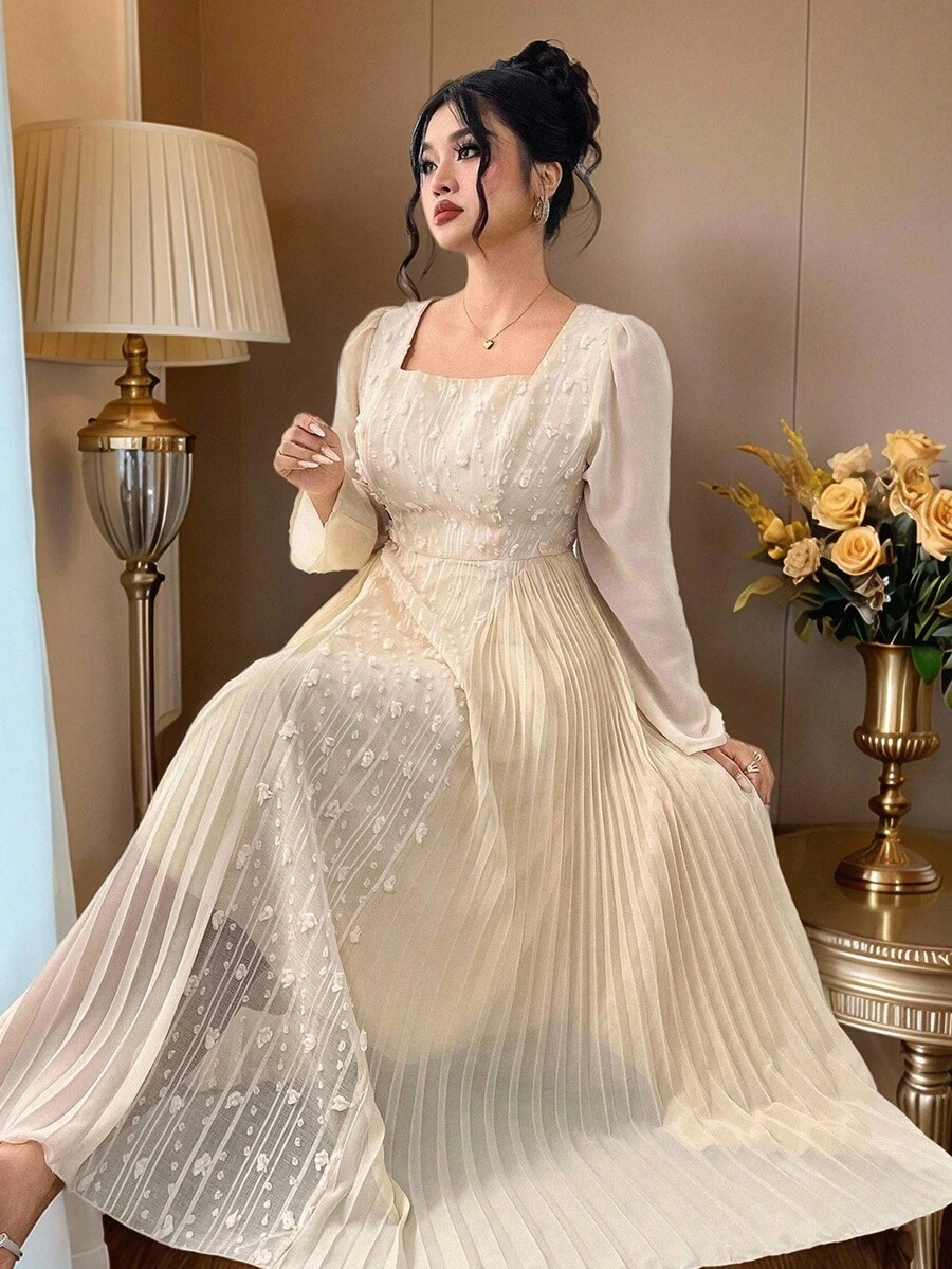 Modelyn 大码优雅通勤拼色褶皱拼接连衣裙