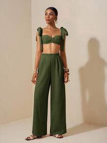Zivah Beach New Spring And Summer Casual Holiday Bowknot Shoulder Straps Chest-Wrapped Heart Collar Cropped Top + Wide-Leg Super Trousers Apricot Women's Two Pieces Se,Textured Fabric Material - Green - View 3