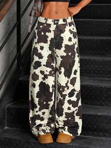 SHEIN Teen Girls Low Waist Loose Milk Texture Pocket Wide Leg Casual Jeans, Western Style For Girls Cow Print Pants Wide Leg Cow Print Pants,Casual Collegiate Style Comfortable Fashion Minimalist Practical Versatile Soft Cotton Fabric,Suitable For Daily, School, Travel, Outdoor Activities,Girls Fall Winter Back To School Homecoming Outfits