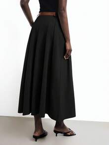 Maija 2025夏季新款黑色高腰褶裥侧袋PU皮可拆卸金属腰带半身裙，优雅百搭，适合派对和办公通勤。