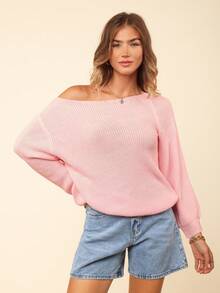 Coeurva 女士纯色不对称领长袖宽松休闲毛衣，秋冬季，长袖上衣 - 粉色 - 查看 3