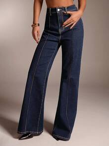 Avantive 女式复古休闲刺绣细节喇叭牛仔裤 - 藍色 - 查看 3