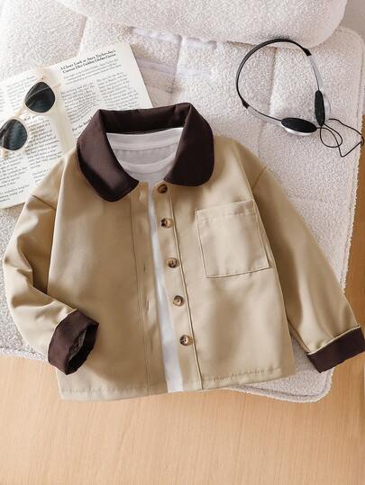 Genkimix Kids 1pc Young Boy Korean Style Casual Khaki & Dark Brown Contrast Collar Jacket For Autumn Fall Winter