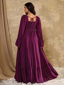 Roveilla 大码优雅复古系带袖口喇叭袖方领收腰 A 字连衣裙，秋冬 - 紫色 - 查看 2