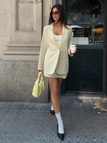 Aloruh Women's Solid Light Yellow Wide Shoulder Blazer Jacket + Mini A-Line Skirt Suit Set, Casual Commuter Versatile 2 Pieces Outfit Blazer Skirt Set Two Piece Skirt Set Yellow Skirt Suit Butter Yellow Two Piece Set Fall Clothes For Women Winter Clothes For Women Fall Women Clothes Fall Clothes Autumn Clothes - Yellow - View 4