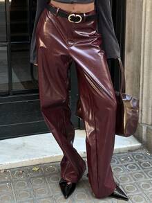 Aloruh Damen Herbst/Winter Neue Ankla Mode Straßen Lässig Pendler Sexy glänzende PU plissierte Textur hohe Taille Reißverschluss gerade geschnittene Maxi Hose - Bordeaux - Übersicht 7