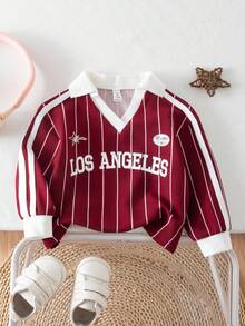 SHEIN Babygirl 可爱运动休闲条纹红色字母图案长袖运动衫 - 紅色 - 查看 3