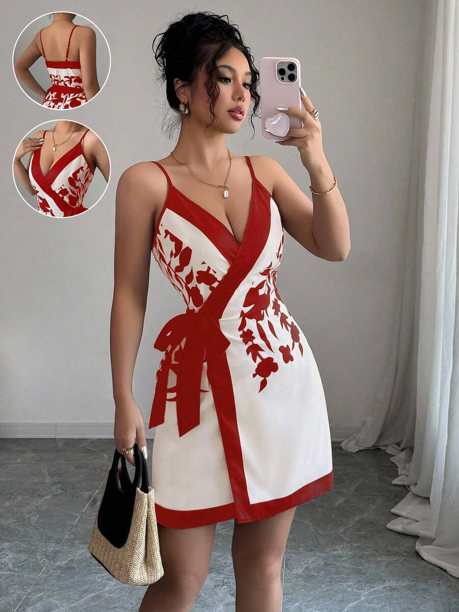 Elenzga Váy ngắn in họa tiết cổ chữ V quyến rũ và thanh lịch dành cho nữ - Đỏ - Xem 1