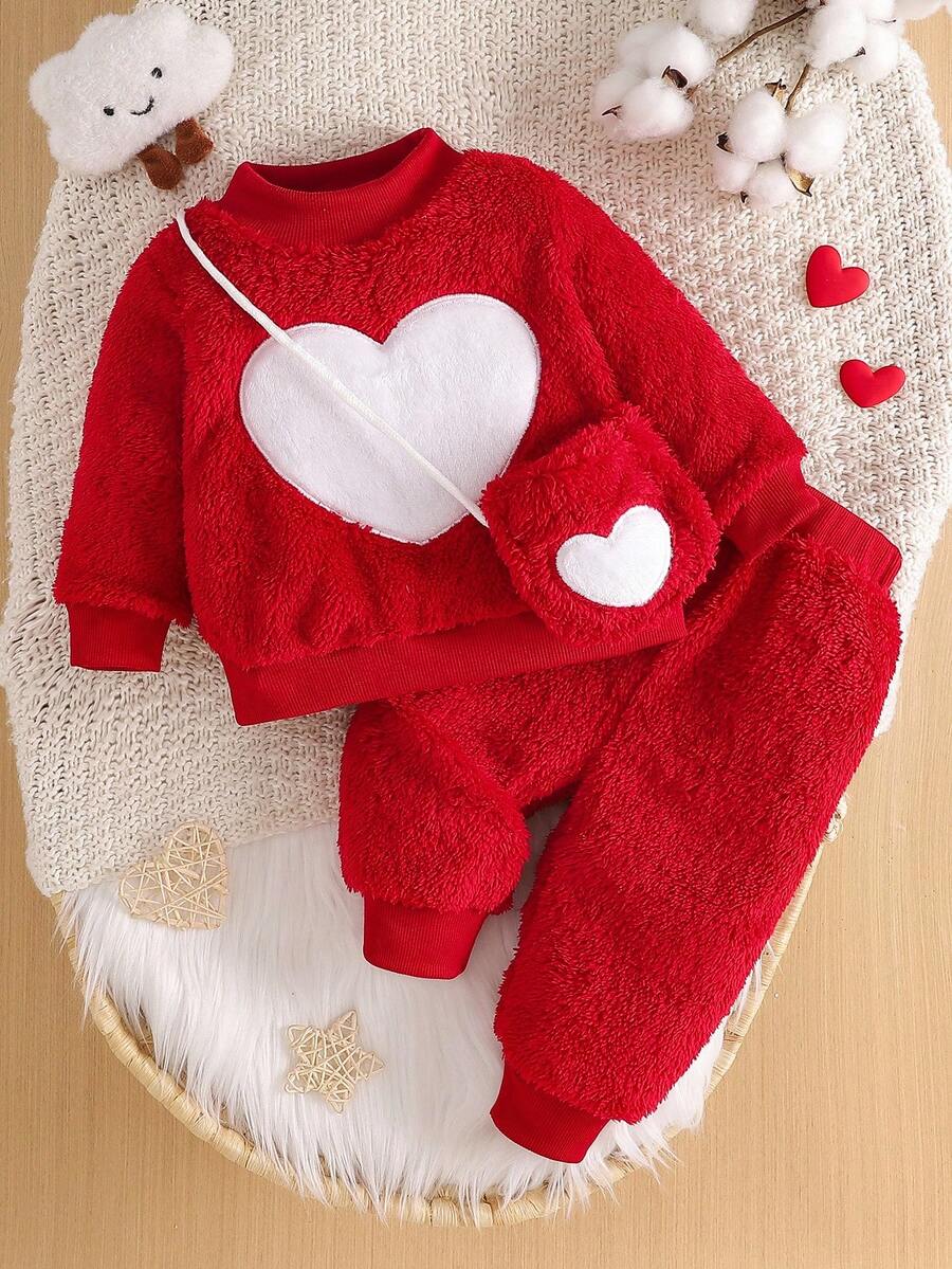 SHEIN 2件套女婴圆领羊毛衫长袖上衣和松紧腰裤套装，心形刺绣，保暖内衬，柔软舒适，休闲时尚，配有斜挎包，适合日常穿着，冬季新品 - 紅色 - 查看 1