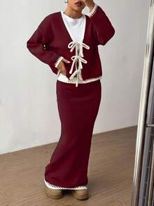 Flirla 2pcs Ombre Bowknot Strap Casual Basic Knit Set, Autumn/Winter - Red - View 5