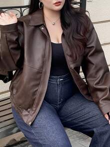 Dazy Plus 大码女式纯色PU皮革翻领宽松机车夹克，秋冬女式外套 - 棕色 - 查看 9