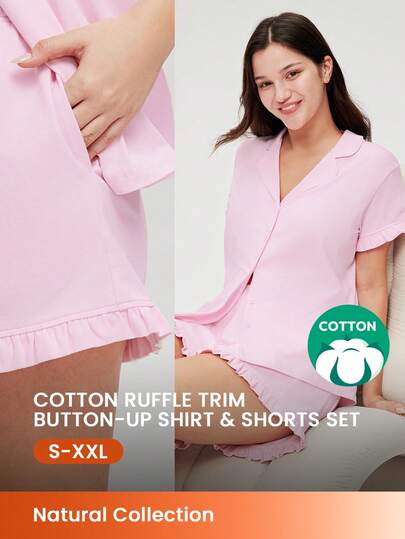 LUVLETTE Women Breathable Cotton Pink Bridal Intimates Short-Sleeve Button-Up Top & Shorts Airy Loungewear Cute Pajama Set Pants With Pockets Lingerie Romantic Living Cozy At Home Bridal Intimates Also Suitable For Teen Girl & Young & Kid& Pyjamadressing Boxer Set,Spring And Summer