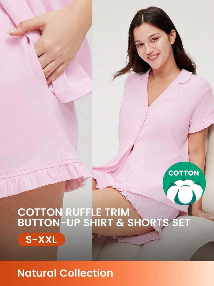 Femmes Sous-vêtements de mariée en coton rose respirant, Top à manches courtes avec boutons et shorts. Ensemble de pyjama aéré et mignon avec pantalon à poches. Lingerie romantique et confortable pour la maison. Également adapté aux adolescentes, jeunes filles et enfants. Ensemble de boxeur, articles de mariage de printemps et d'été, pyjamas en coton