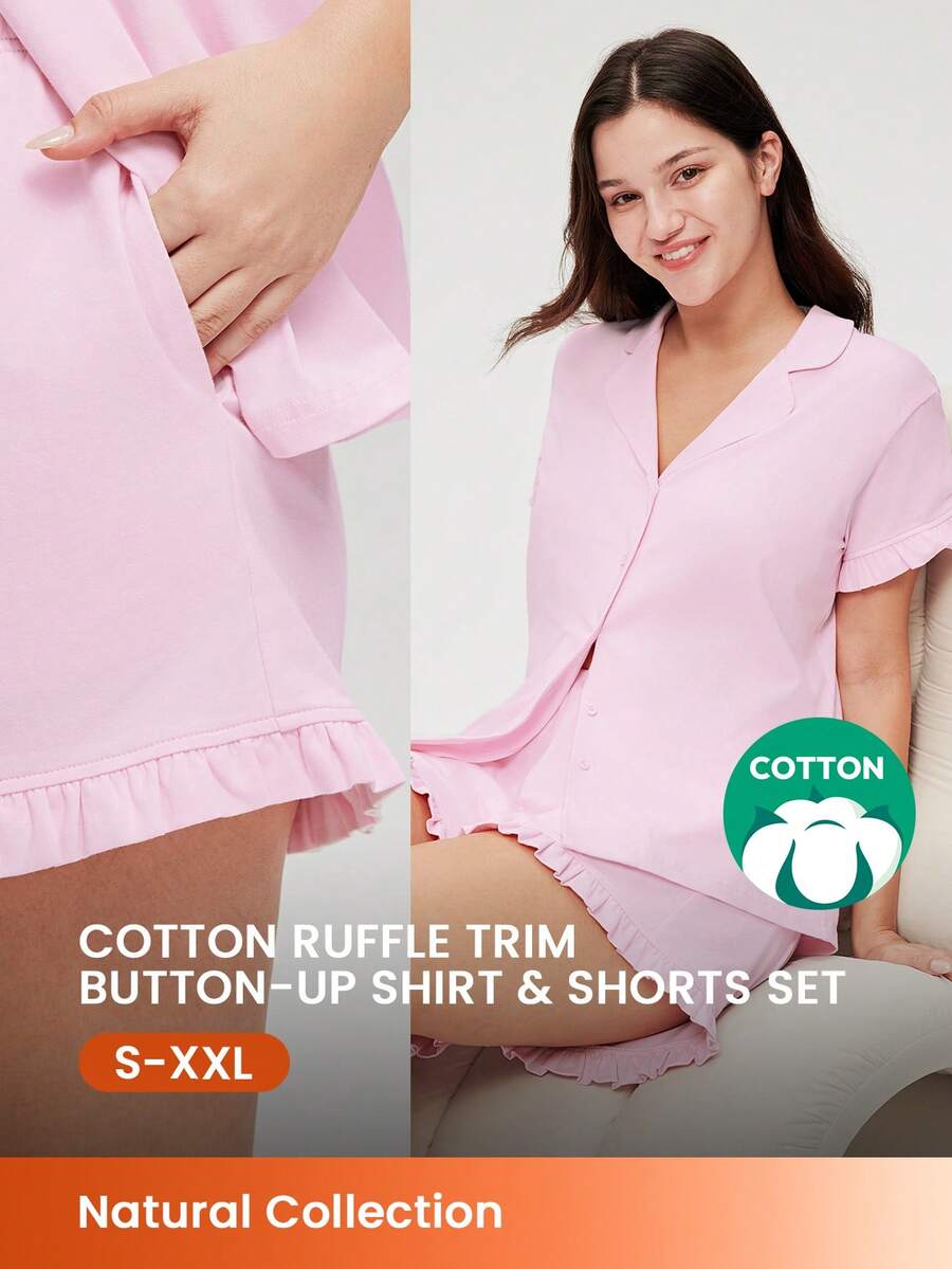 LUVLETTE 女士透气棉粉色新娘内衣套装，短袖纽扣上衣和短裤，轻盈舒适，可爱睡衣套装，带口袋，浪漫居家舒适内衣，也适合少女、年轻女孩和儿童穿着，春夏婚礼必备单品。 - 粉色 - 查看 1