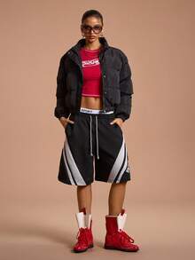 SHEIN Sports 女士休闲日常通勤简约百搭纯黑色落肩宽松立领拉链加厚外套，冬季羽绒夹克 - 黑色 - 查看 3