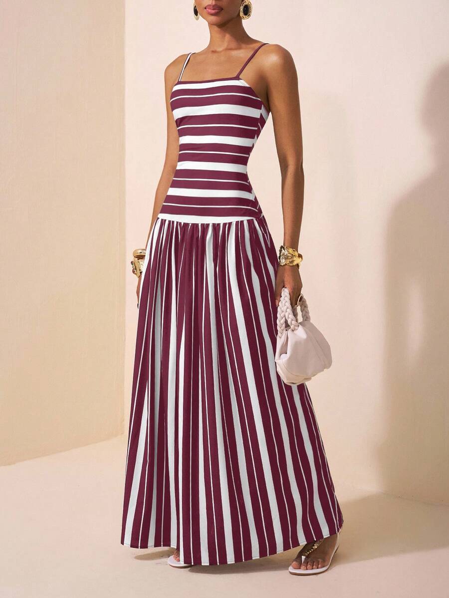 Zivah 2025 Sommer Neuankömmling Musikfestival, Ostern, St. Patrick's Day, Western, Nomadisch, Geburtstagsfest, Abschluss, College Stil, Studentenbekleidung, Alltags Lässig, Allround Vielseitig, Lässig, Kreuzfahrt Reise, Strand, Sonnenbaden, Viral, Streetwear ärmellose schwarz-weiß gestreifte Patchwork A-Linie gestrickt gewebtes Midi Kleid