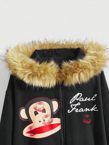 Paul Frank X ROMWE 大码 Kpop Y2K Baddie 字母和卡通图案撞色毛边连帽卫衣 - 黑色 - 查看 7