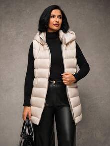 RueChic Women Solid Color Zippered Collar Hooded Vest, Winter Jacket - Apricot - View 1