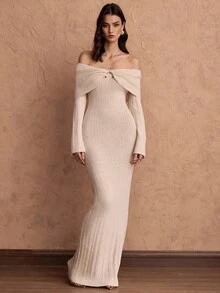Islaluna 秋冬新款优雅别致性感修身针织毛衣裙女 - 杏色 - 查看 6